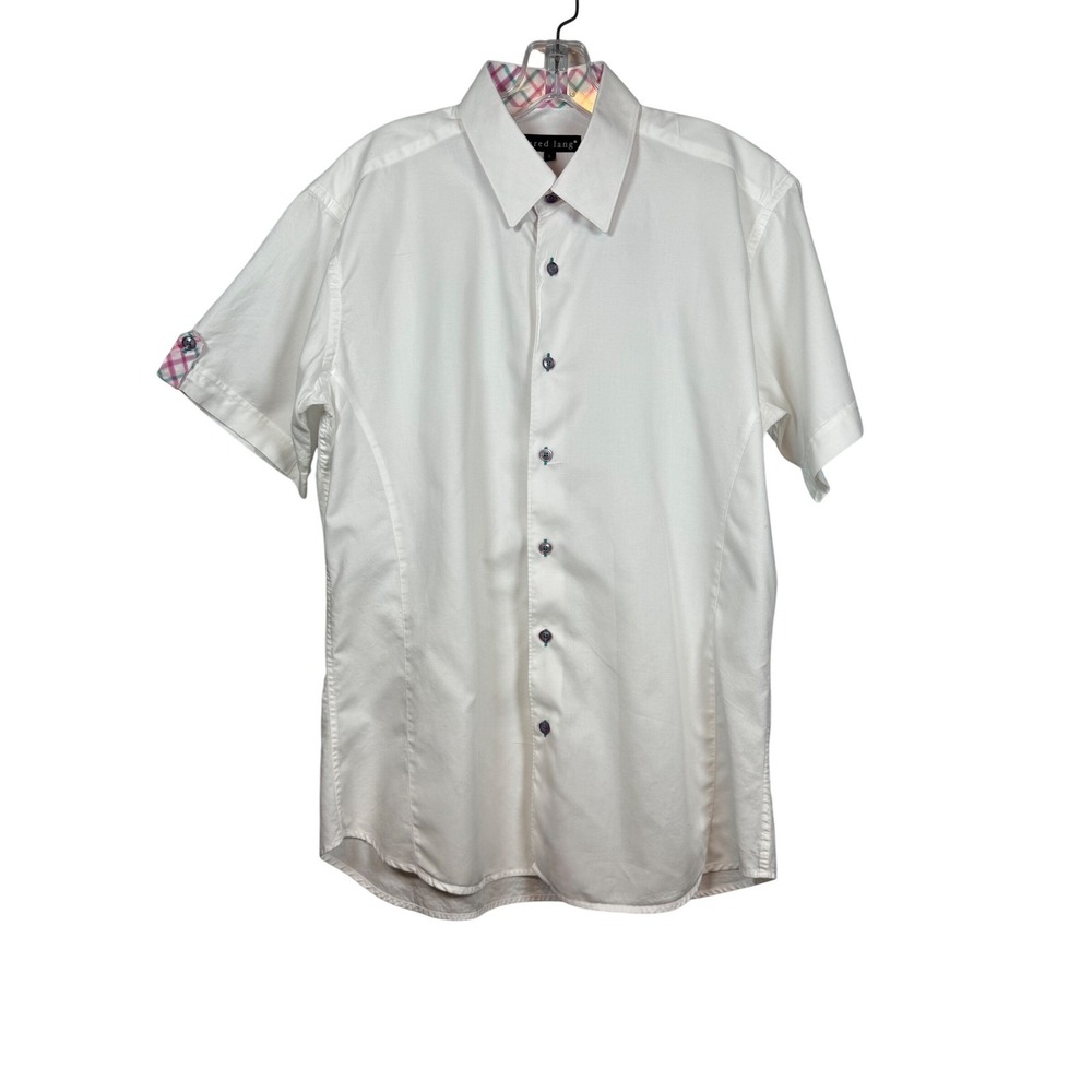 Jared Lang Men's Short Sleeve, Fitted, Pink Plaid Accent Cuff Sleeves, Size  L